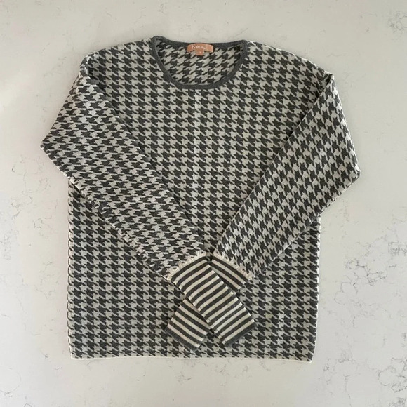 Kier+J Lg Slv Houndstooth Crew Nk Cashmere Knit Sweater Grey + White Sz S NWOT - Picture 9 of 9